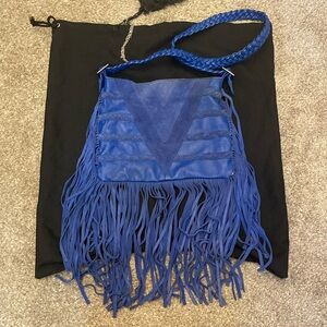 Blue Leather Fringe Bag